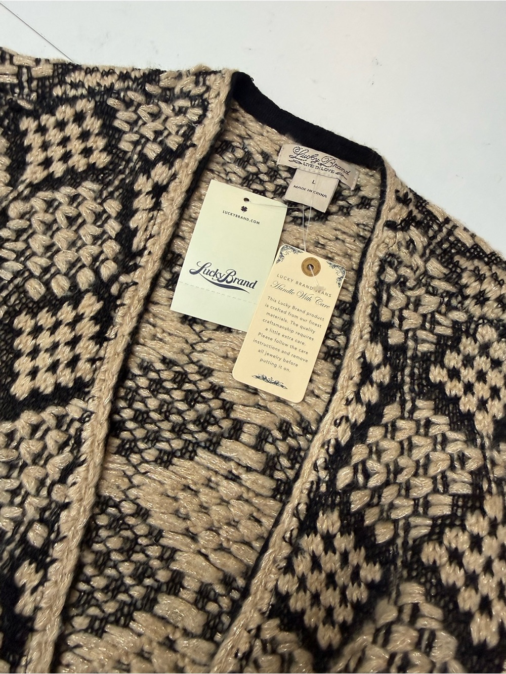 Lucky Brand Black & Cream Geometric Knit Women's Cardigan Sweater size L - Picture 9 of 11